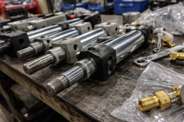 Chrome-plated hydraulic cylinder rods on a workshop bench after surface finishing, showing smooth wear- and corrosion-resistant coating.