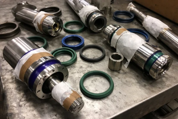 Custom hydraulic and pneumatic cylinder piston and seal components with masked sealing surfaces on a workshop bench.