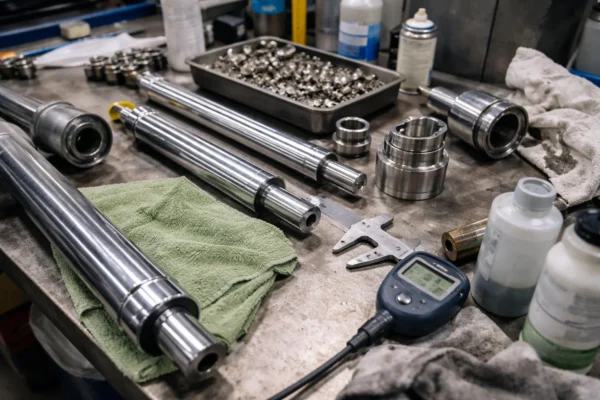 Custom hydraulic and pneumatic cylinder components on a workshop bench during surface treatment inspection and QC