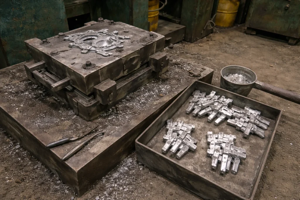 Custom metal die casting process in a workshop, steel die mold with aluminum cast parts and tools,