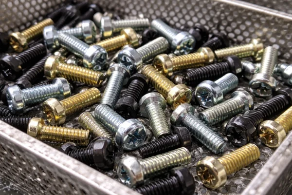 Mixed-finish custom metal screws and bolts in a perforated tray, showing zinc plated, yellow passivated, and black oxide fastener surface treatments.