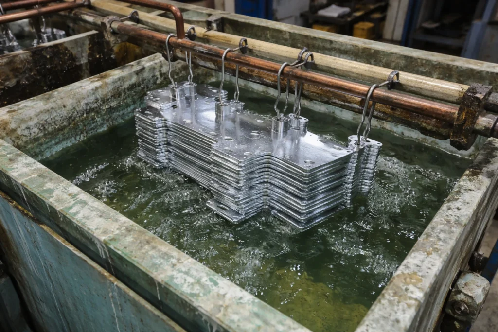 Electroplating surface treatment for custom metal stamping parts, zinc-plated steel components submerged in a plating tank for corrosion resistance.