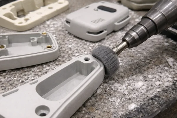 Deburring and edge smoothing on a custom plastic part using a rotary abrasive brush during surface finishing.