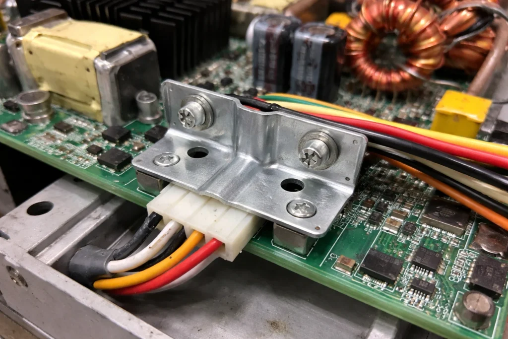 Custom metal stamping part on electronics—stamped steel bracket securing a connector and wire harness on a PCB
