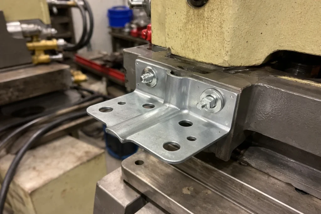 Custom metal stamping part—galvanized stamped steel mounting bracket bolted to industrial machinery in a workshop