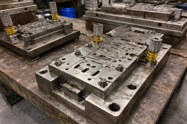 Custom metal stamping die tooling on a workshop bench—steel press die and mold components prepared for production