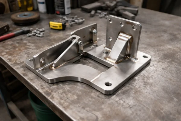 Custom welded metal bracket assembly on a workshop workbench after surface finishing, with blended weld seams and smooth deburred edges