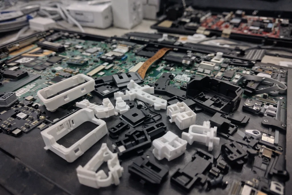 Custom-designed, high-performance plastic parts are distributed across the circuit board for use in smart electronic devices.