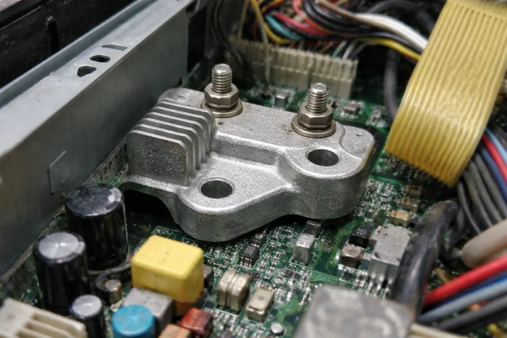 Custom cast aluminum heatsink bracket mounted on a PCB inside an electronic device, close-up with studs and hex nuts SEO Image Description (E