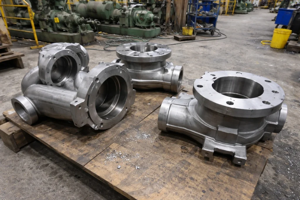 Custom metal casting parts for the energy industry—machined valve/pump housings on a pallet in an industrial workshop