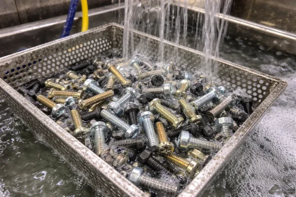 Custom metal screws in a perforated basket during degreasing and rinsing pretreatment before coating