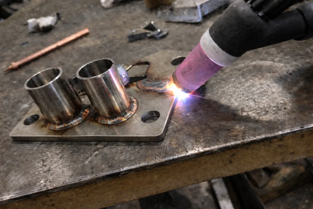 Custom-made stainless steel parts are being TIG welded at close range; the image shows the welding arc and the newly formed weld seam on the metal plate.