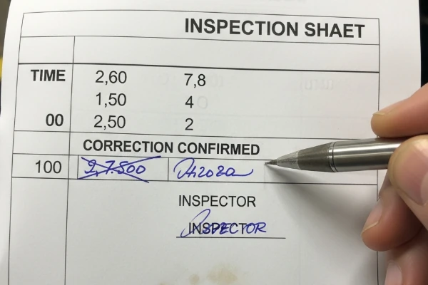 Inspector signing an inspection sheet to confirm correction and dimensional check results for OEM metal parts.