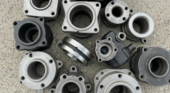 Assorted investment casting parts for valves and pumps, including flanged housings and machined rings, arranged for OEM production.