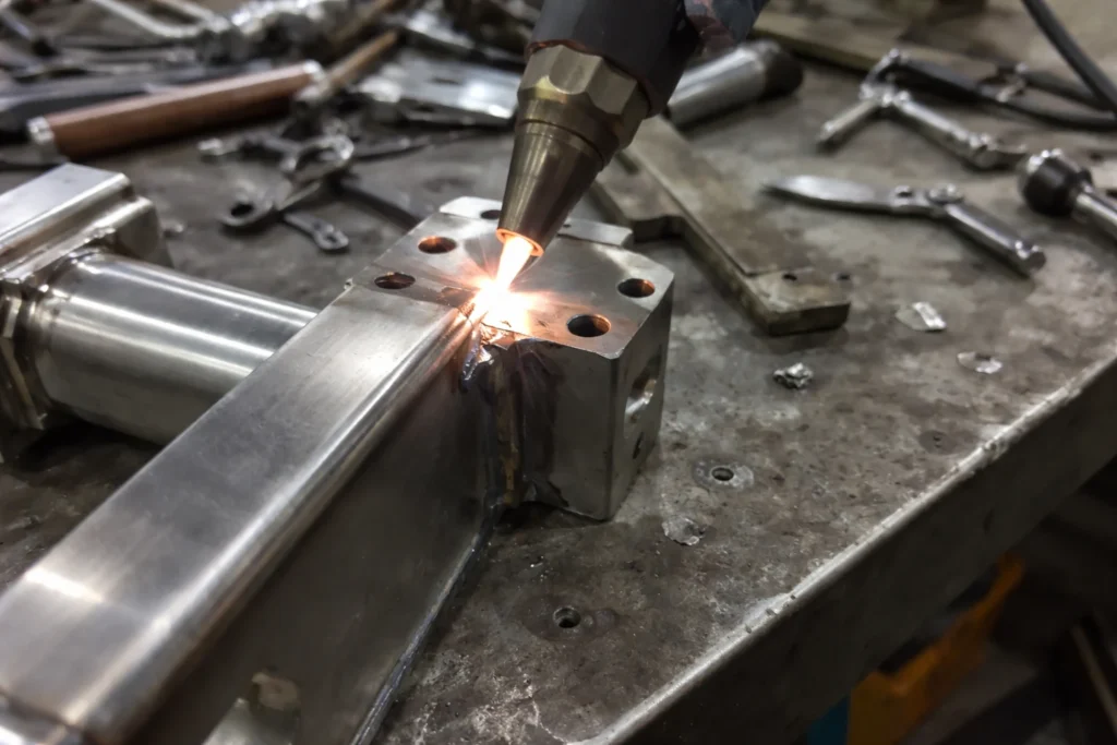 Custom metal parts are being laser welded on a workbench in the workshop.