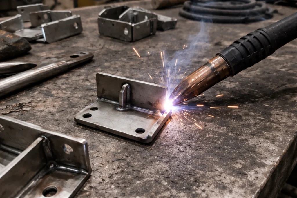 During the MIG welding process of the custom-made steel bracket, sparks fly from the welding torch, and a weld bead forms on the workbench.