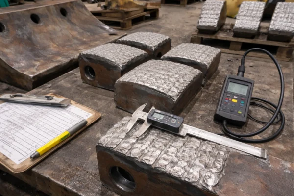 Thickness and final inspection of hardfaced mining wear parts using calipers and a thickness gauge on a workshop bench.