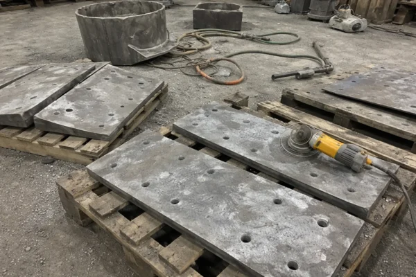 Mining and quarry wear plates on pallets after surface prep before coating, cleaned and roughened for strong adhesion