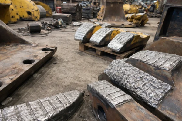 Hardfaced wear parts for mining and quarry equipment on a workshop floor, showing rough overlay cladding texture.