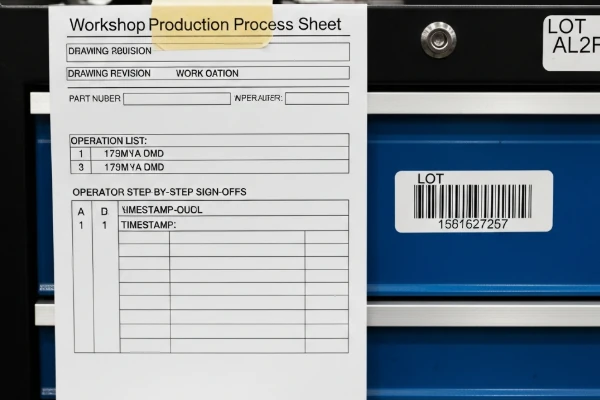 Workshop production process sheet with barcode lot label for part traceability and in-process QC sign-offs.