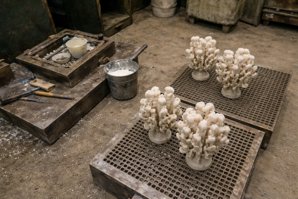 In the foundry workshop, wax patterns for custom metal precision casting (investment casting) are arranged on trays, and preparations for shell molding are underway.