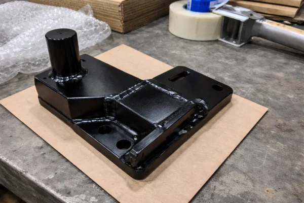 Coated welded metal bracket on cardboard, ready for final inspection and packaging on a workshop bench