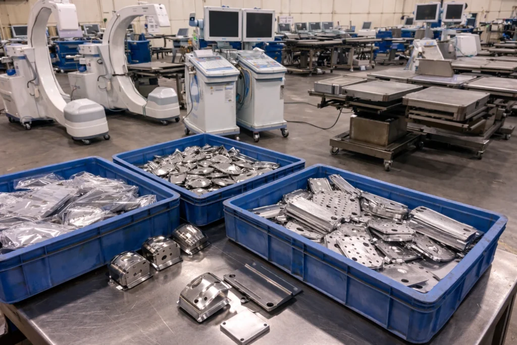 Medical device production area with bins of stainless steel stamped parts on a worktable beside assembled imaging equipment and operating tables.
