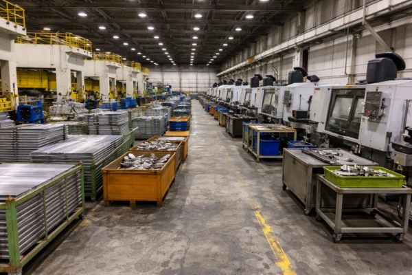 OEM metal parts production floor combining stamping presses and CNC machining centers with organized carts of sheet metal blanks and finished components.