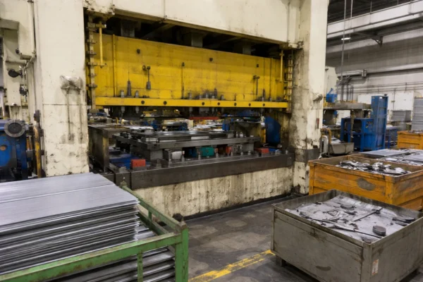 Stamping parts quality inspection station with gauge fixtures on granite surface plates inside a controlled inspection area.