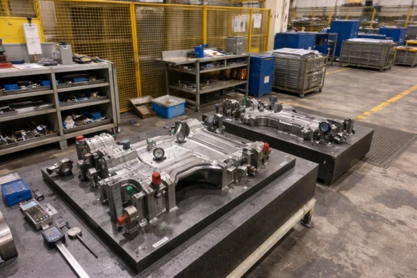 Quality inspection setup for stamped parts showing gauges and controlled inspection area