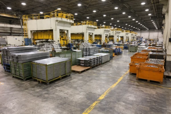 Wide view of a metal stamping workshop with multiple stamping press lines, sheet metal stacks on carts, and organized material flow.