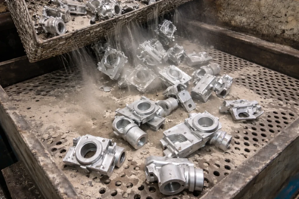 The cast aluminum parts are being demolded and cleaned on a vibrating screen, and casting sand dust is visible.