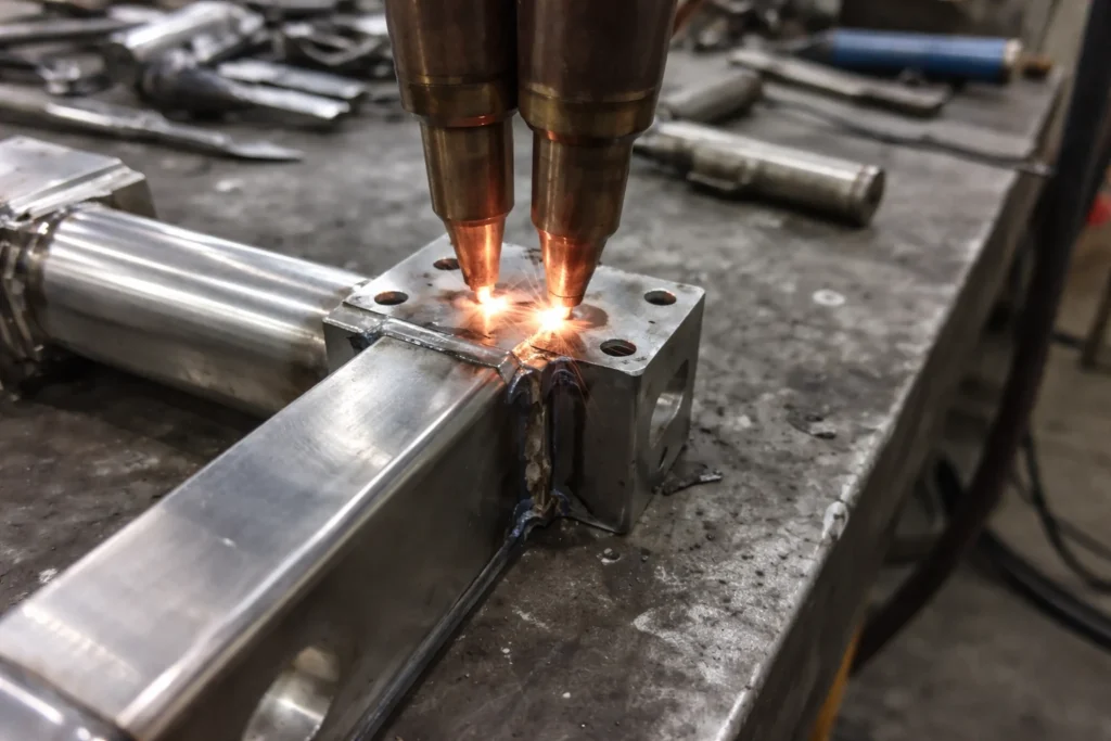 The video demonstrates the process of spot welding custom metal parts using copper electrodes on a workbench, showing the weld points and sparks.
