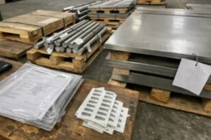 Stainless steel round bar and sheet metal plates stacked on pallets with QC paperwork and barcode labels in a warehouse.