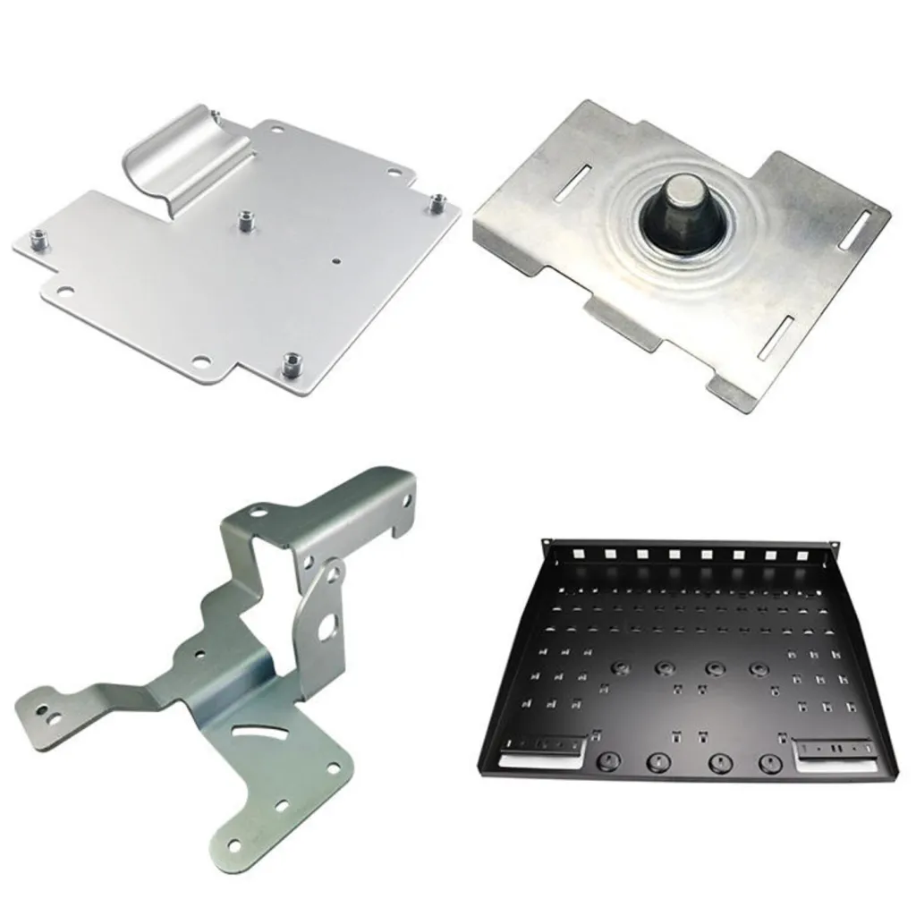 Collection of custom sheet metal stamping parts including mounting brackets, bent plates, and electronic chassis trays.