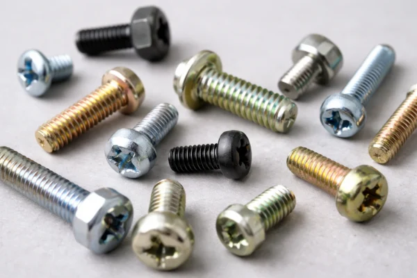 Assorted surface-finished custom metal screws with clean threads and uniform coating on a workbench