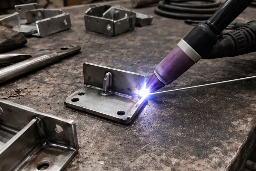 This video shows the TIG (tungsten inert gas) welding process for a custom-made stainless steel bracket, with the welding torch and filler wire forming a weld seam on the workbench.
