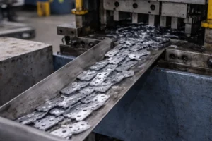 Custom metal stamping parts coming off a press and sliding down a chute during production.