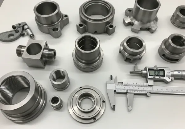 Precision CNC machined metal parts including flanges, bushings, and connectors, measured with a digital caliper for quality control.