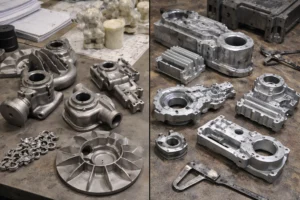 Side-by-side workbench snapshot comparing investment cast stainless parts and die cast aluminum housings, showing typical surface finish and geometry differences for industrial components.