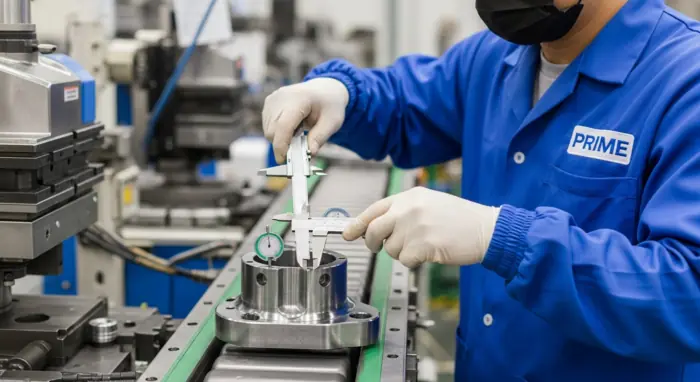 Technician measuring a precision machined metal component with vernier calipers during in-process quality control (IPQC) at Prime.