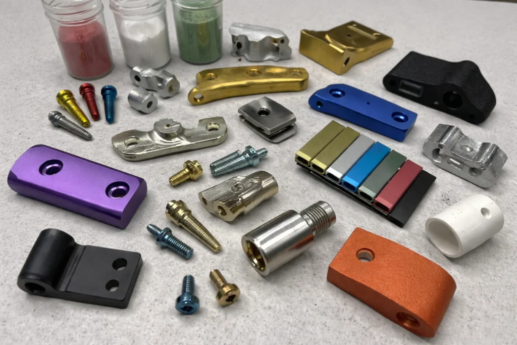 Surface treatment sample set for custom CNC and stamping parts, showing anodized, plated, and powder-coated finishes.