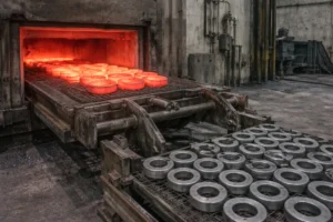 Forged rings in a heat treatment furnace on a conveyor, showing red-hot parts exiting the furnace with cooled rings staged nearby for the next process.
