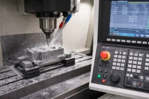 CNC machining center producing a first-article part, milling a primary datum face with coolant flow, workpiece held in soft jaws and the control panel visible.