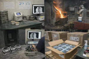 Leak-tight casting quality control workflow collage showing sand moisture and LOI testing, melt degassing controls, X-ray radiography after rough machining, leak testing, and lot traceability.